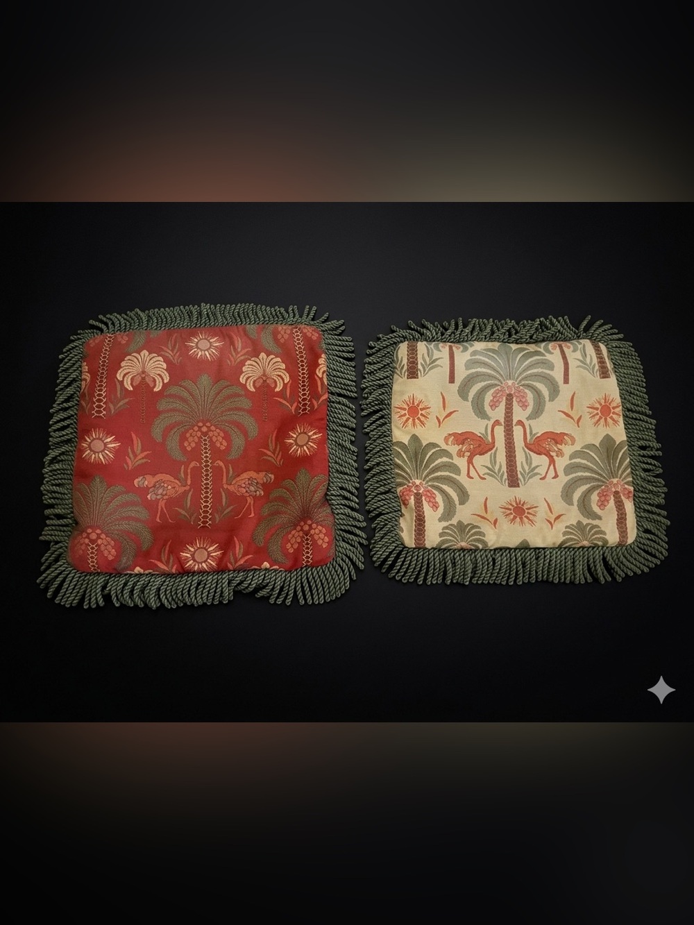 Pair of Custom Tropical Palm and Flamingo Pillow Covers with Heavy Rope Fringe